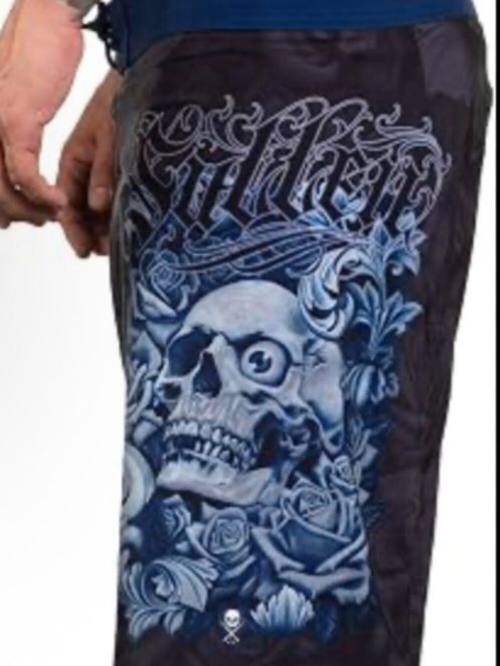 Sullen Hezz Boardshorts Sz 38 Swim Trunkcs Rose Skull Drawstring Blue Black Alt